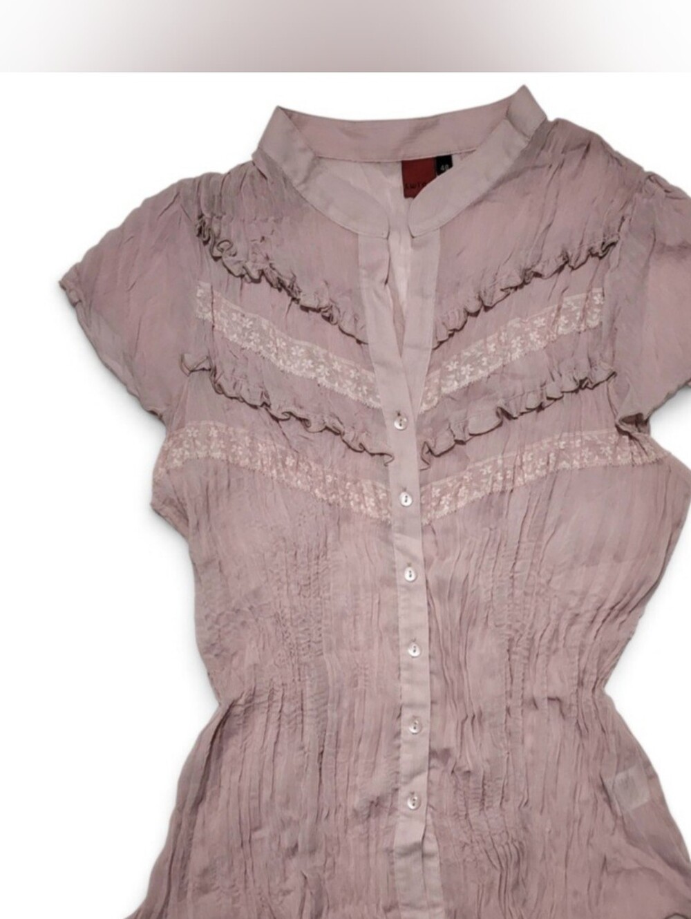 Dusty Rose Blush Pink Ruffled Button Up Short Sleeve Sheer Blouse